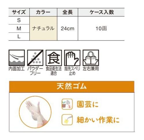 ショーワグローブ 0404237837-CASE ナイスハンド きれいな手 つかいきりグローブ 天然ゴム S ナチュラル（100枚×10箱） ナイスハンド きれいな手 つかいきりグローブ 天然ゴム S ナチュラル（100枚×10箱）取り出しやすいボックスタイプの天然ゴム製使いきり手袋100枚入です。伸縮性に優れ、薄く手にしなやかにフィットします。天然ゴム製のためやわらかく手になじみ、指先の感覚を活かせます。パウダーフリー(粉なし)タイプです。左右兼用です。ぬぎはめしやすいよう、手袋内面に加工を施しています。食品衛生法に基づく、食品、添加物等の規格基準(昭和34年 厚生省告示第370号)に適合。◆おすすめの用途・掃除・洗濯・園芸・介護当品はSサイズです。Mサイズ(0404237838、0404237838-CASE)とLサイズ(0404237839、0404237839-CASE)もございます。1ケース(10箱)での販売となります。5箱での販売(0404237837)もございます。※この商品はご注文後のキャンセル、返品及び交換は出来ませんのでご注意下さい。なお、この商品のお支払方法は、先振込（代金引換以外）にて承り、ご入金確認後の手配となります。 サイズ／スペック